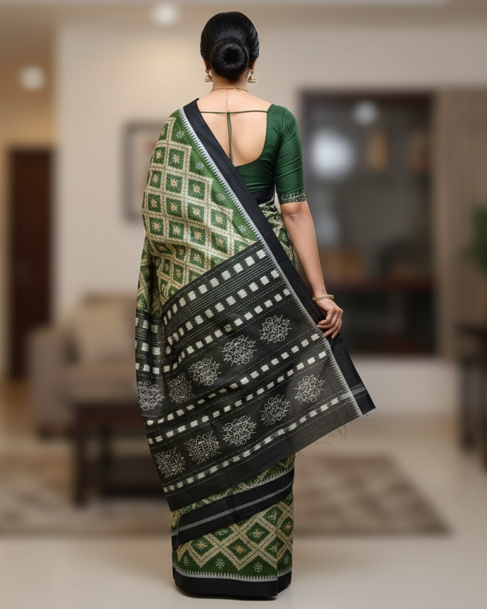 Mehendi Green Black Tarabali Design Mulberry Silk Saree