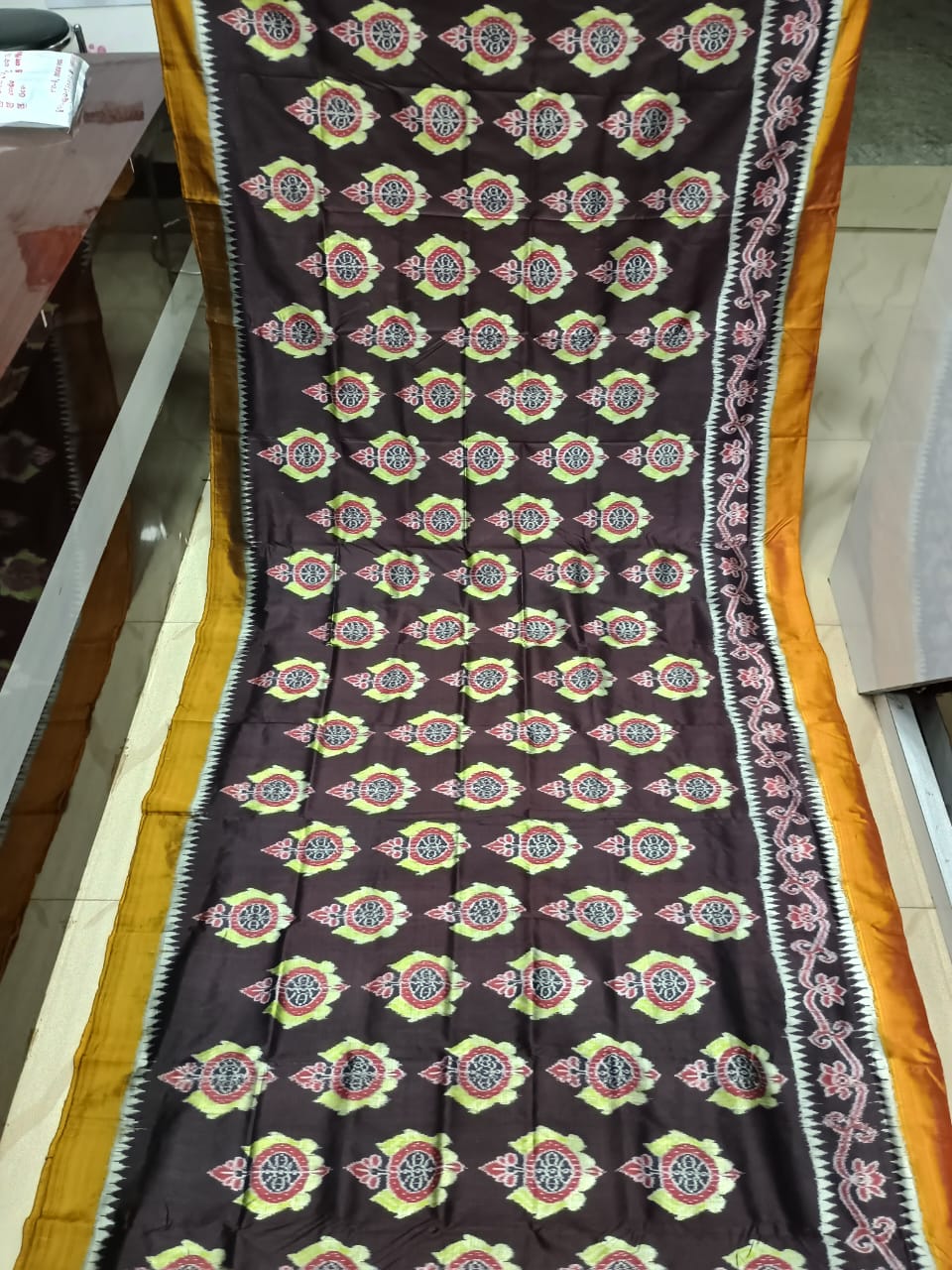 Black Mustard Yellow Neelachakra Design Mulberry Silk Saree