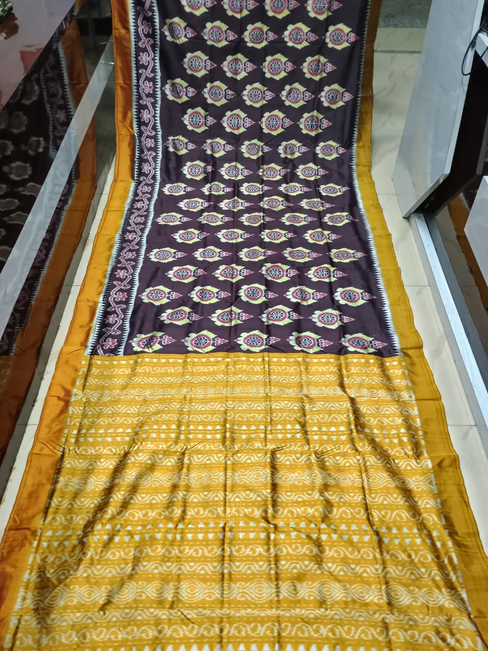 Black Mustard Yellow Neelachakra Design Mulberry Silk Saree
