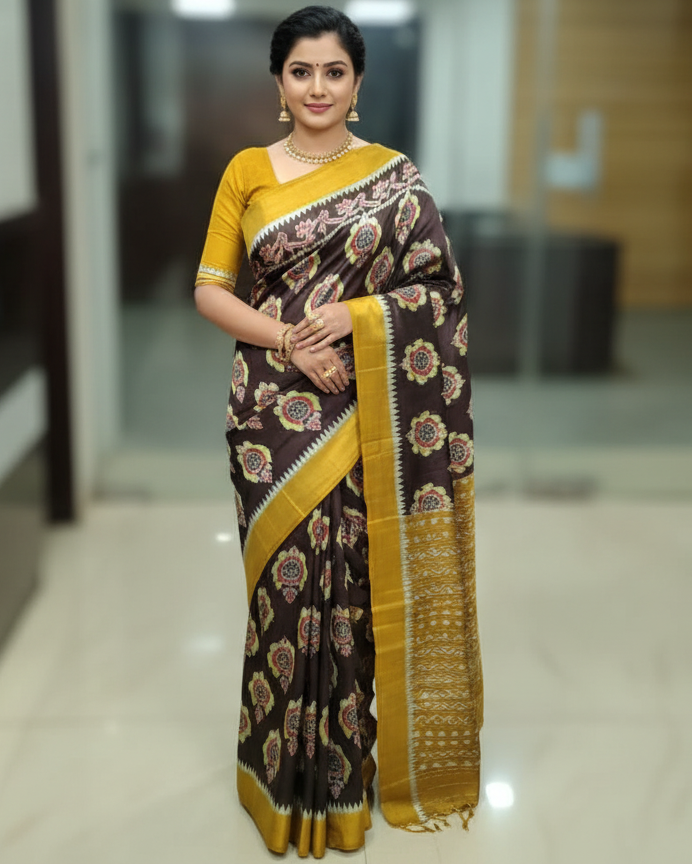 Black Mustard Yellow Neelachakra Design Mulberry Silk Saree