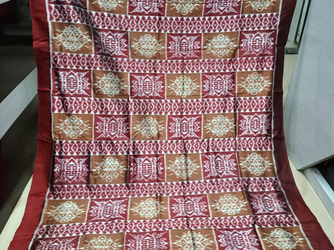 Brown Maroon Laxmi Yantra Design Mulberry Silk Saree