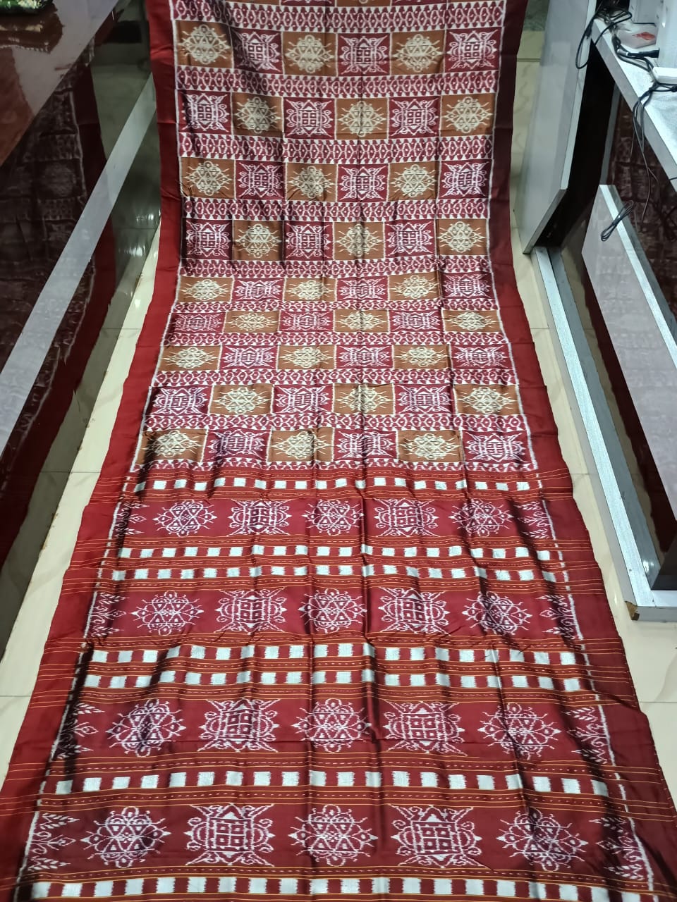 Brown Maroon Laxmi Yantra Design Mulberry Silk Saree