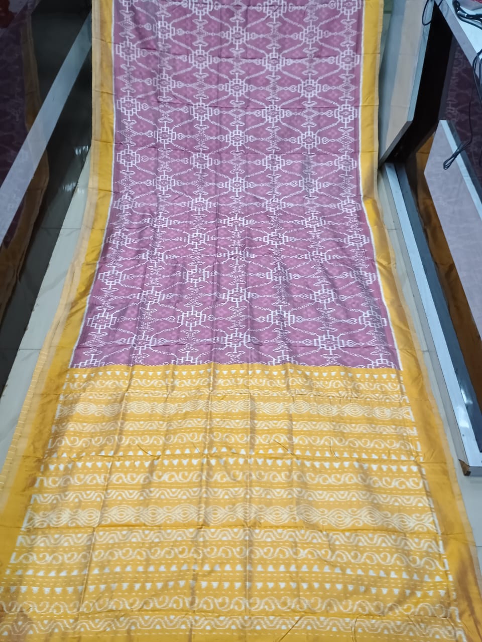 Maroon Mustard Yellow Patola Design Mulberry Silk Saree
