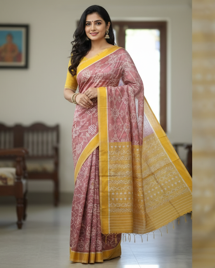 Maroon Mustard Yellow Patola Design Mulberry Silk Saree