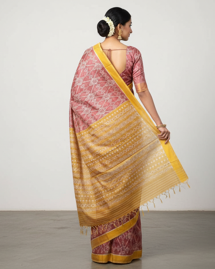 Maroon Mustard Yellow Patola Design Mulberry Silk Saree