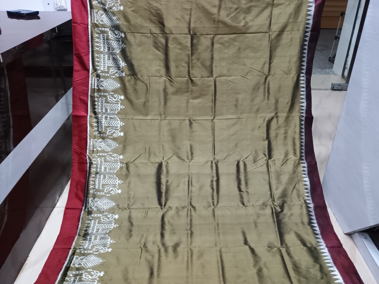 Olive Green Maroon Scot Elephant Design Mulberry Silk Saree