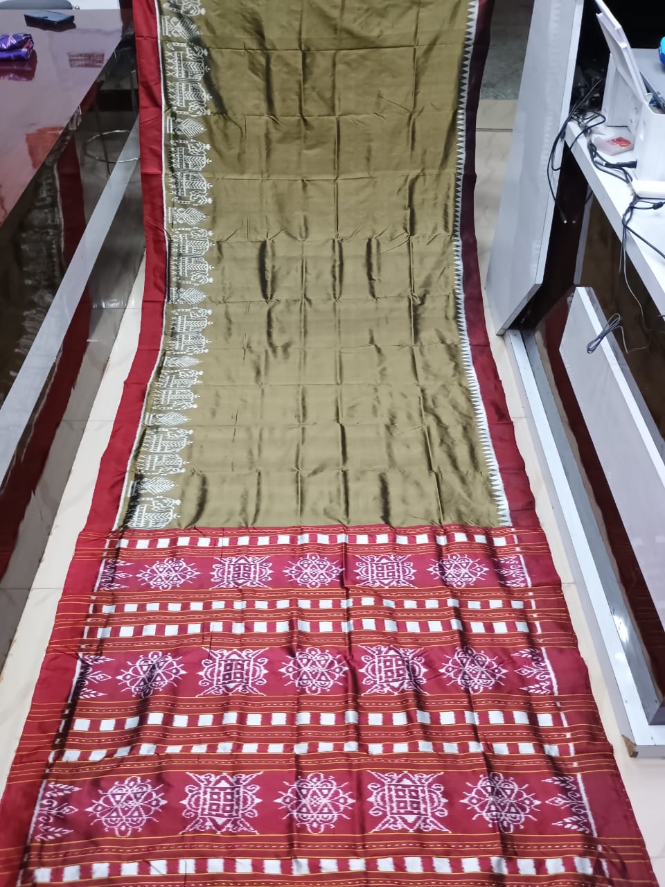 Olive Green Maroon Scot Elephant Design Mulberry Silk Saree