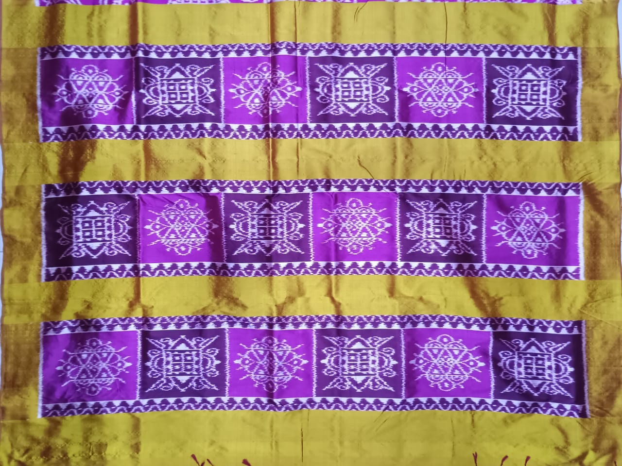 Magenta Yellow Laxmi Pada Chita Design Mulberry Silk Saree