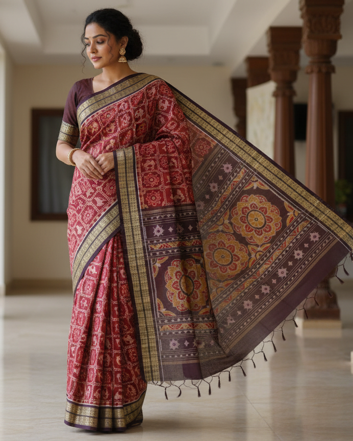 Maroon Coffee Dancer And Flower Design Odisha Handloom Sambalpuri Cotton Saree