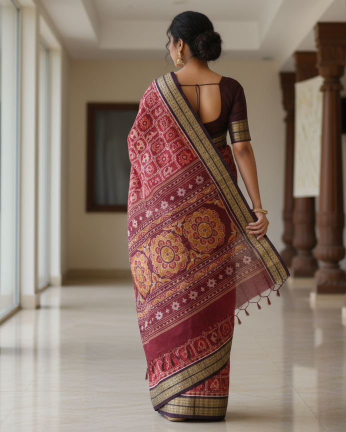 Maroon Coffee Dancer And Flower Design Odisha Handloom Sambalpuri Cotton Saree