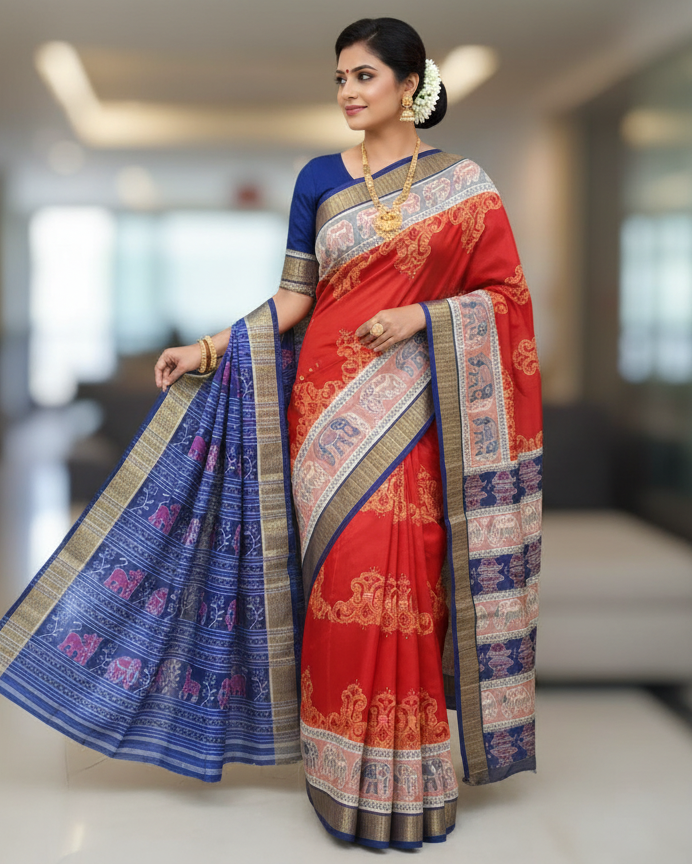 Red White Blue Scot Elephant Design Odisha Handloom Sambalpuri Cotton Saree