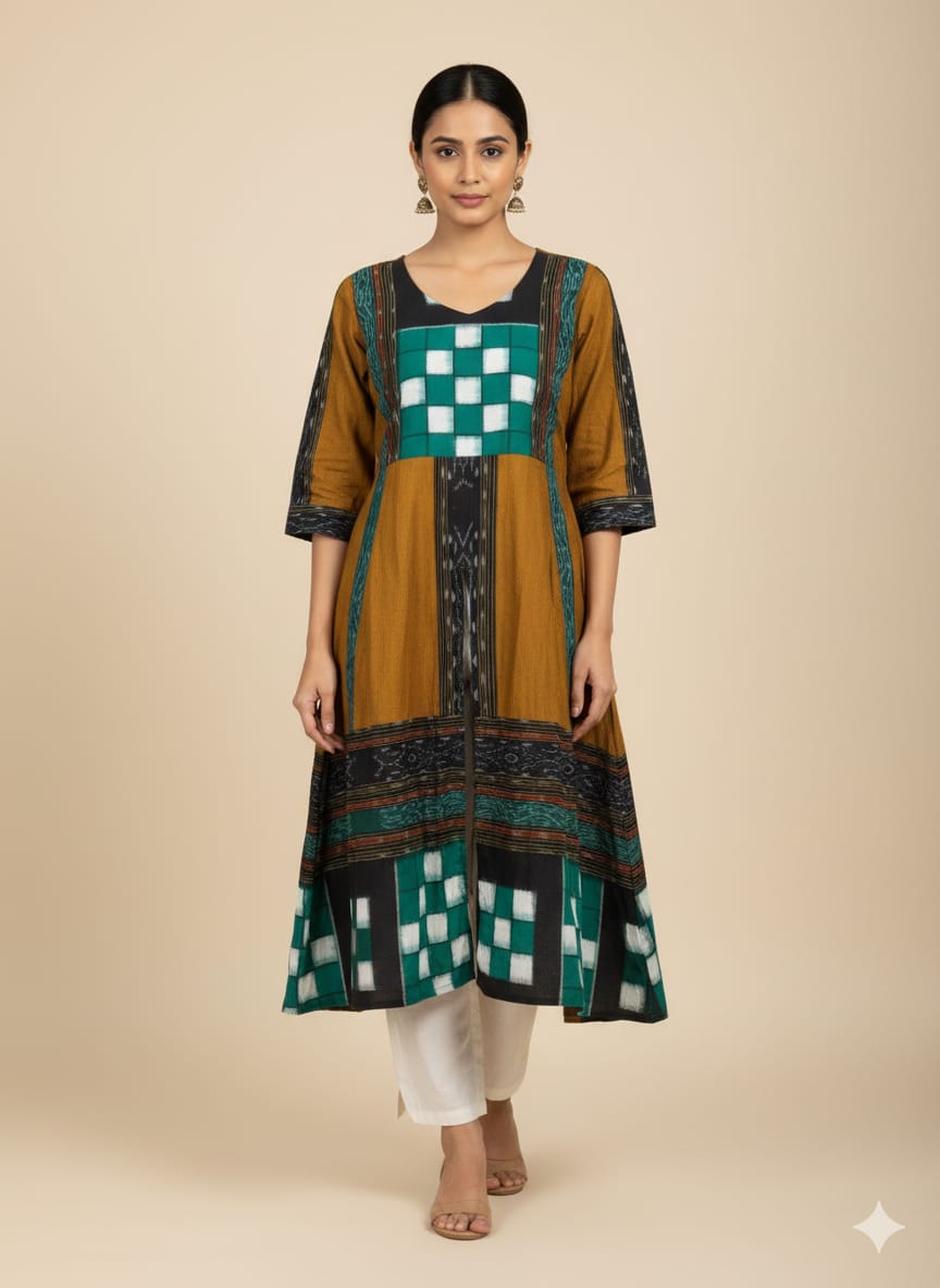 Mustard Yellow Green Pasapali Designer A-Line Anarkali