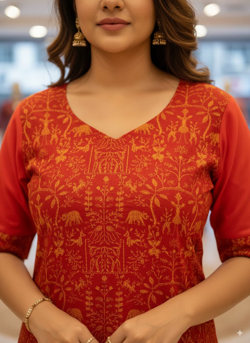 Red Tribal And Tree Designer A-Line Kurti