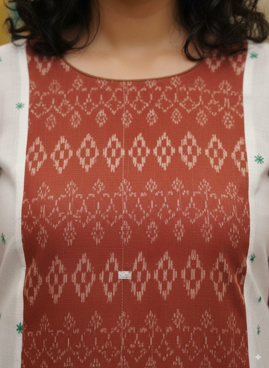 White Rust Pasapali Design Single Side Designer A-Line Kurti