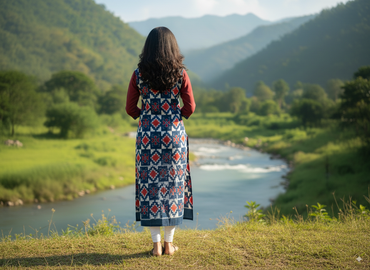 Blue Maroon Pasapali And Flower Designer Double Side Sambalpuri A-Line Kurti