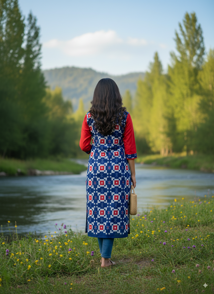 Blue Red Pasapali And Star Design Double Side Designer A-Line Kurti