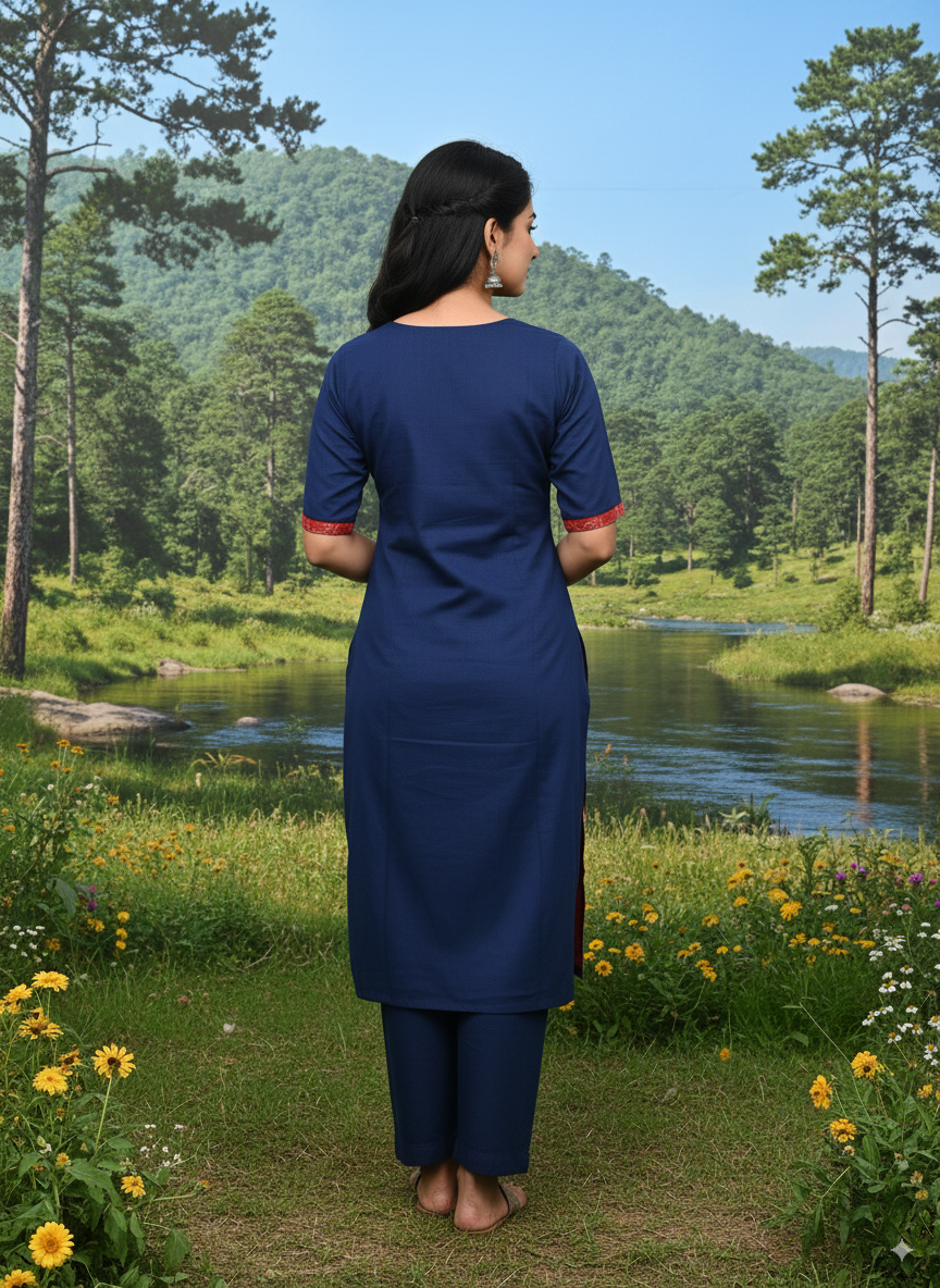 Red Blue Peacock Design Single Side Designer A-Line Kurti