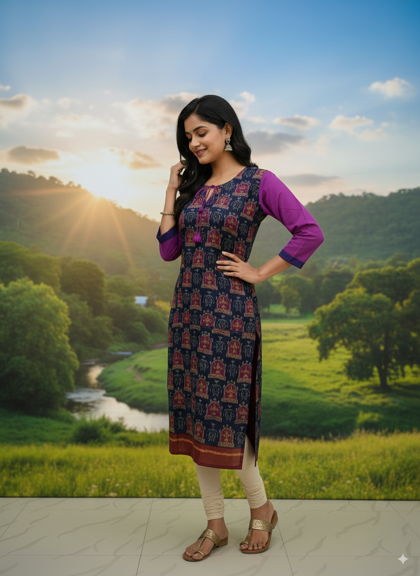 Black Purple Tribal And House Designer A-Line Kurti