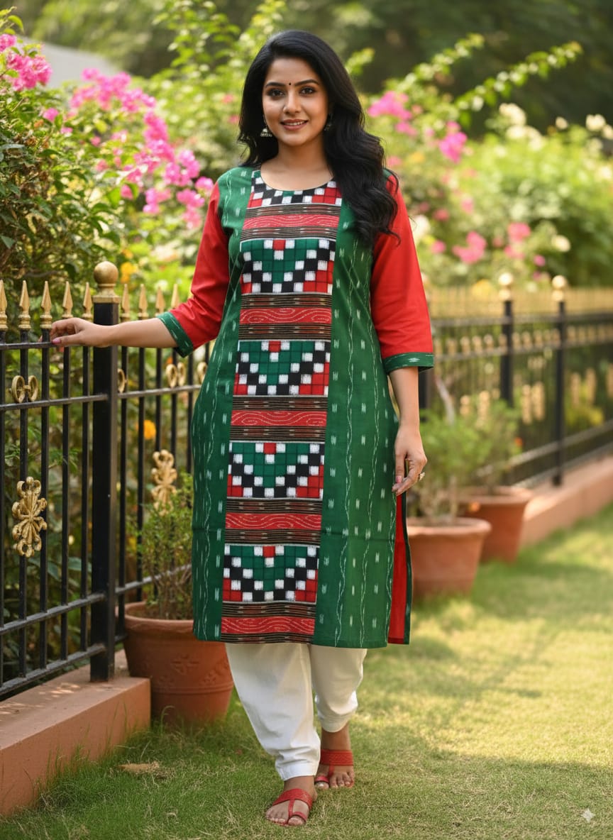 Green Red Pasapali Designer Sambalpuri A-Line Kurti
