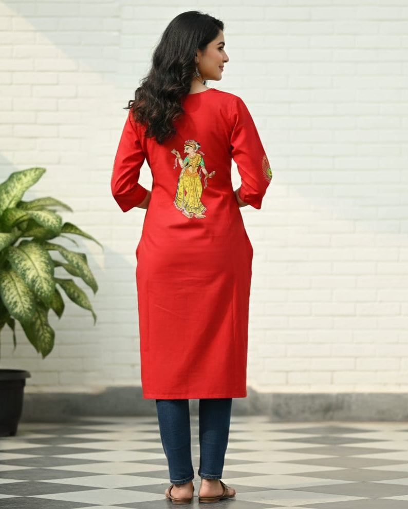 Red Chandra Rasa Theme Hand Painted Pattachitra Kurti