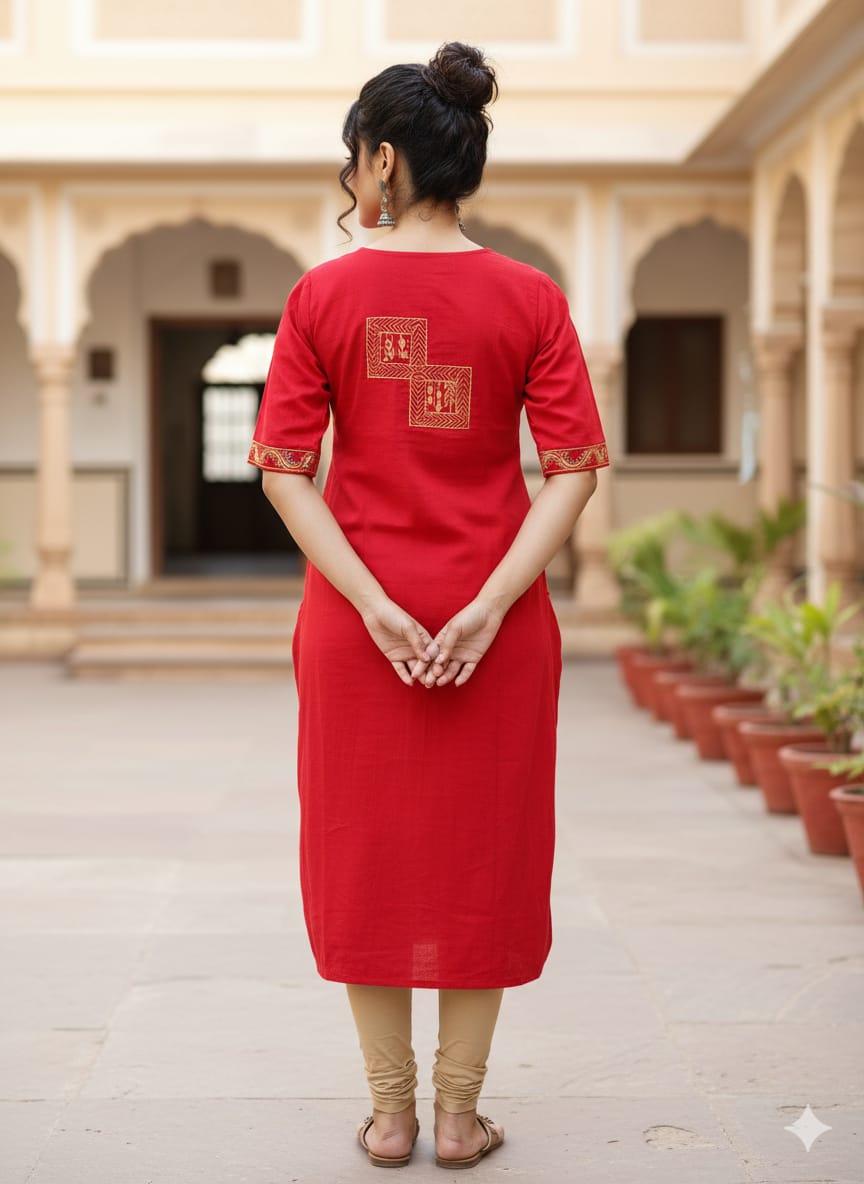 Red Tribal Square Theme Hand Painted Pattachitra Kurti