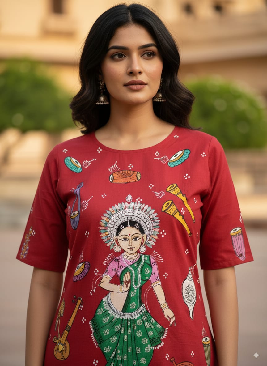 Red Green Dancer And Musical Instrument Theme Hand Painted Pattachitra Kurti