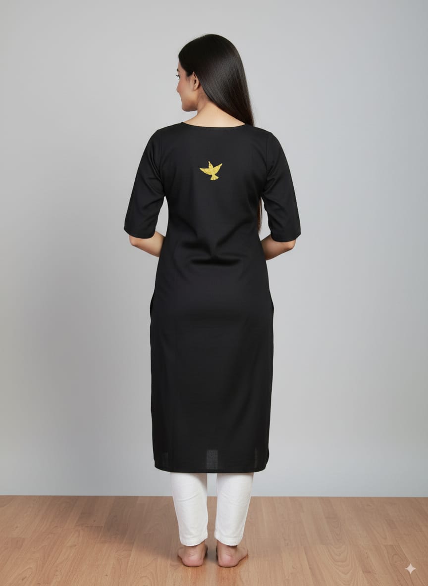 Black Birds And Tree Morden Art Theme Hand Painted Pattachitra Kurti
