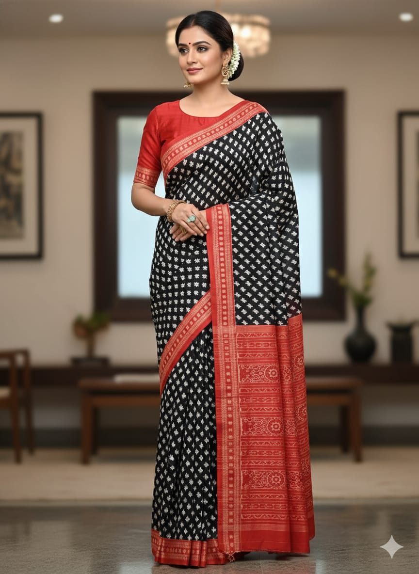 Black Red Pasapali Odisha Handloom Sambalpuri Cotton Saree