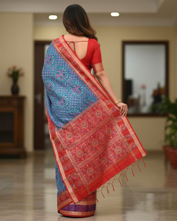 Blue Red Purple Peacock And Scot Elephant Design Odisha Handloom Sambalpuri Cotton Saree