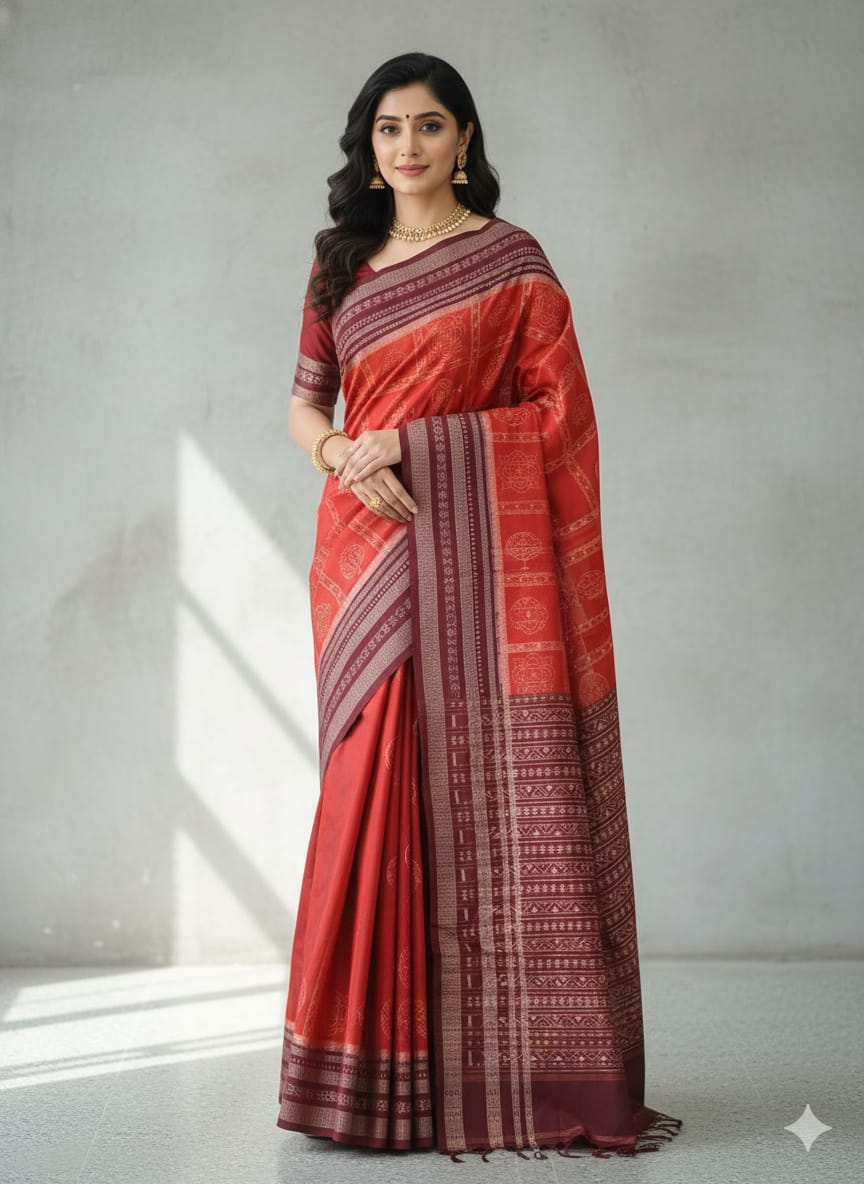 Orange Red Jhoti Design Odisha Handloom Sambalpuri Cotton Saree