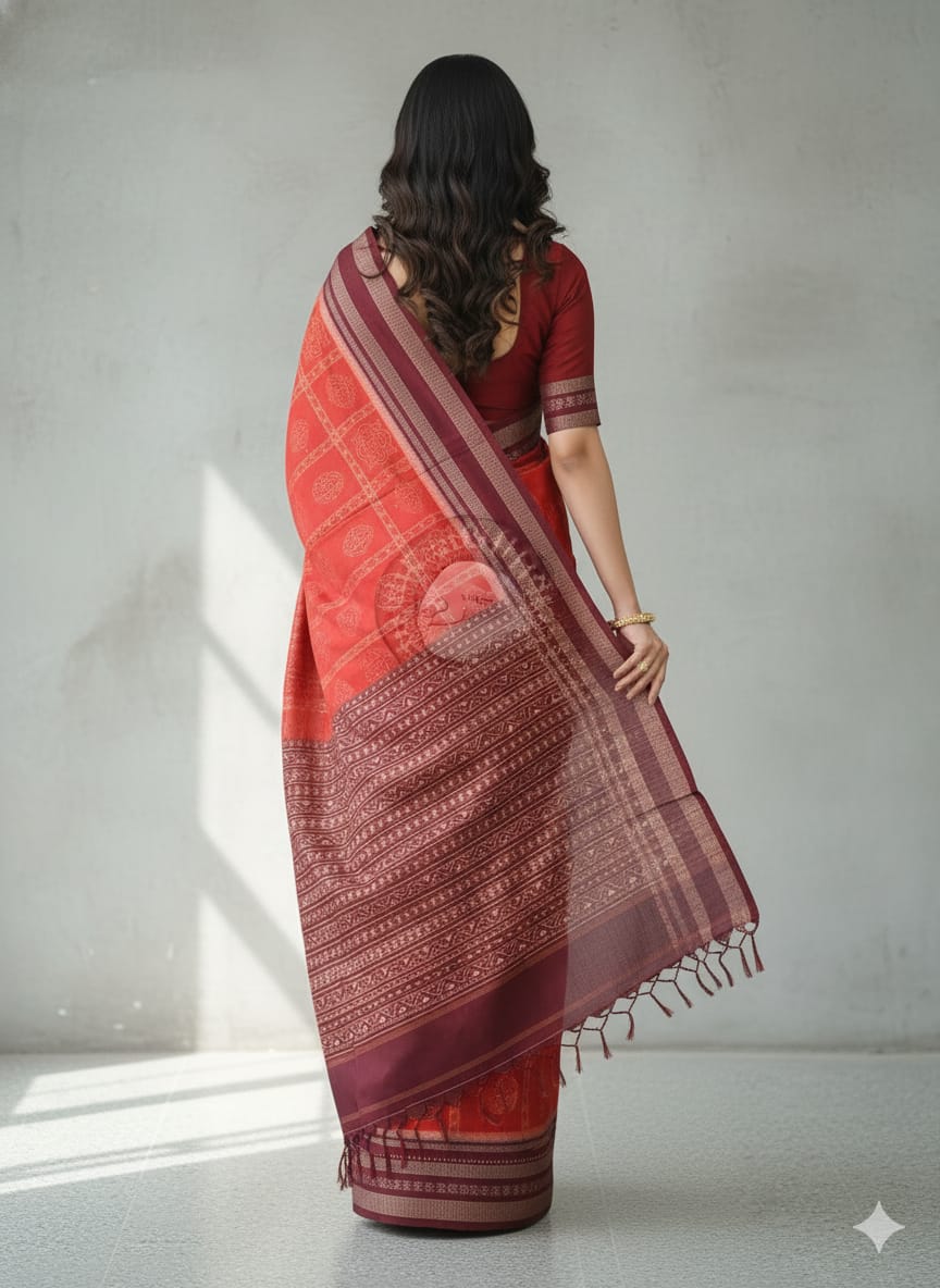 Orange Red Jhoti Design Odisha Handloom Sambalpuri Cotton Saree