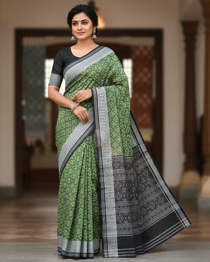 Mehendi Green Black Ikat Odisha Handloom Sambalpuri Cotton Saree