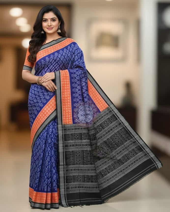 Blue Orange Black Flower Odisha Handloom Sambalpuri Cotton Saree