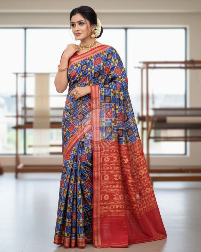 Blue Red Utkal Laxmi Odisha Handloom Sambalpuri Cotton