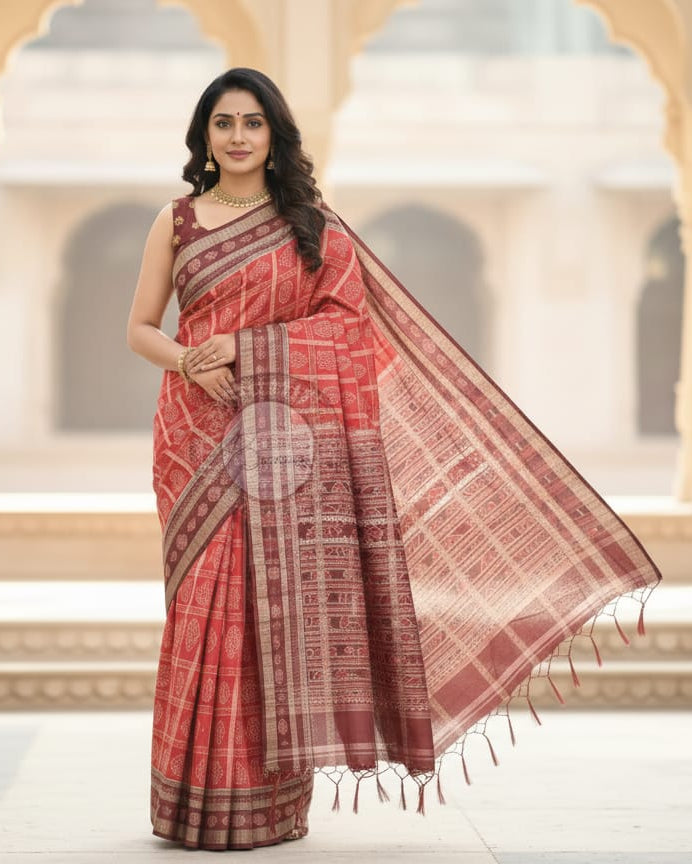 Red Coffee Chita Lotus And Laxmi Yantra Odisha Handloom Sambalpuri Cotton