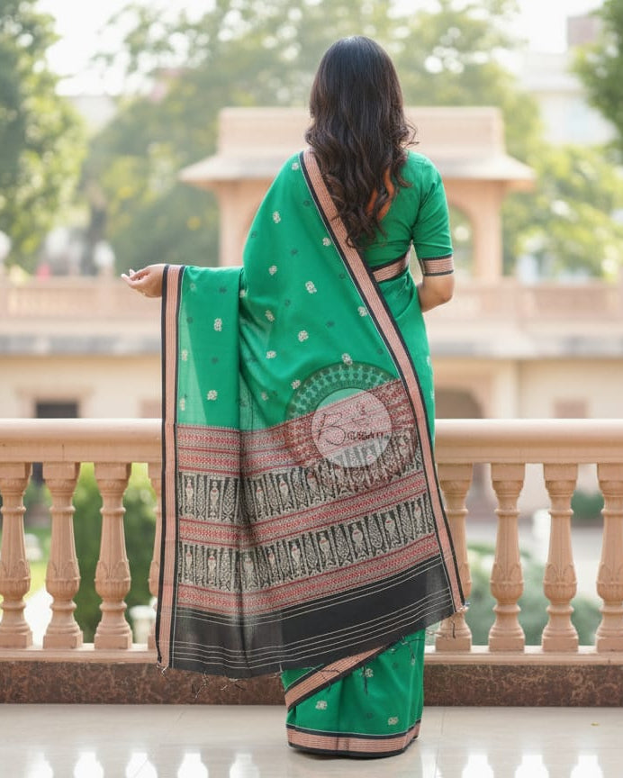 Bottle Green Black Handloom Bomkai Cotton Saree