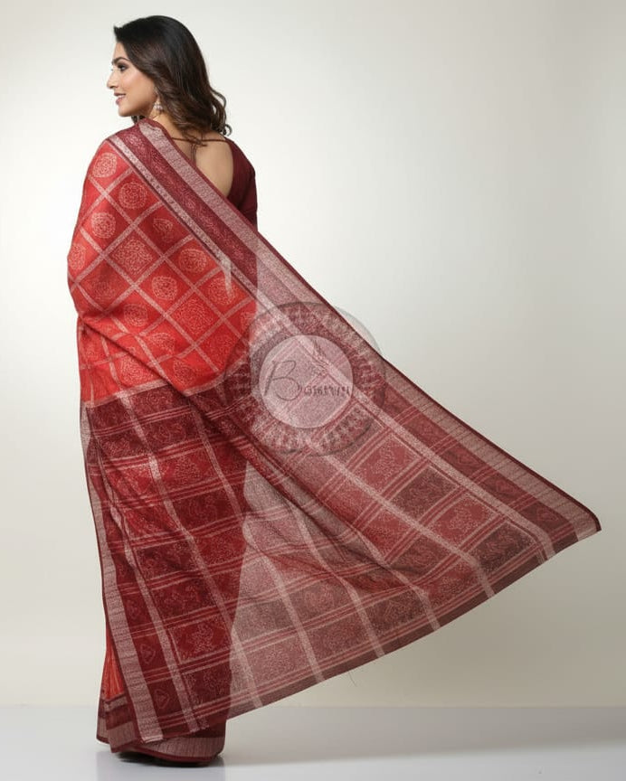 Red Maroon Lotus And Jhoti Odisha Handloom Sambalpuri Cotton Saree