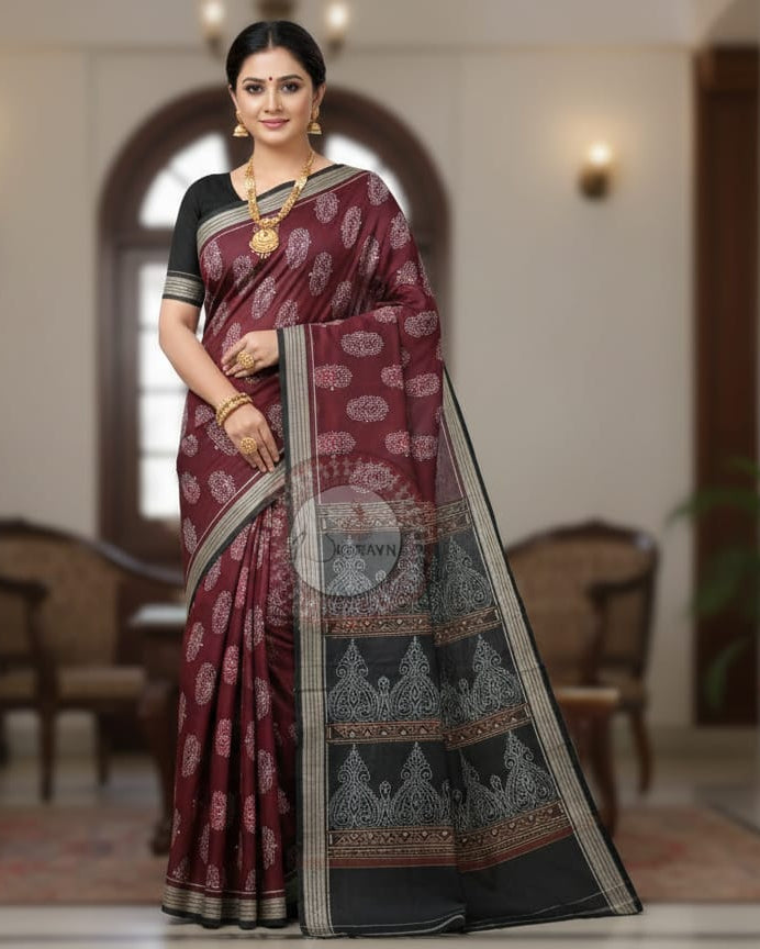 Maroon Black Lotus Odisha Handloom Sambalpuri Cotton Saree