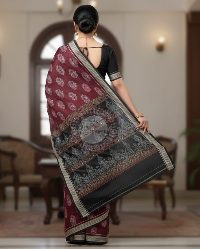 Maroon Black Lotus Odisha Handloom Sambalpuri Cotton Saree