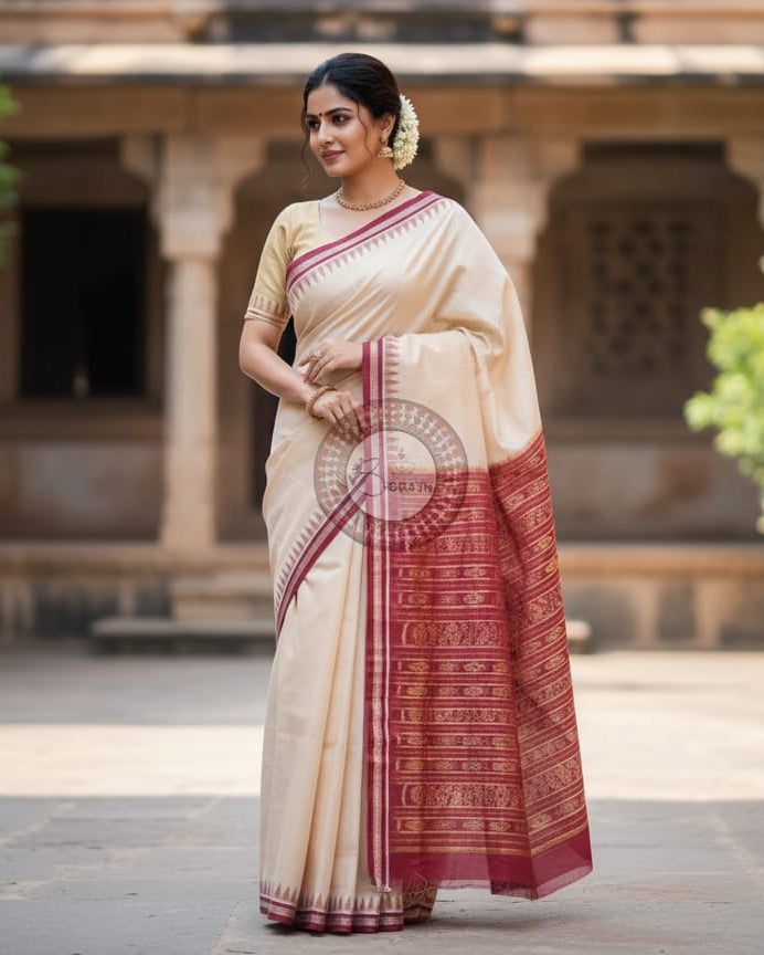 Cream Maroon Handloom Sambalpuri Cotton Saree