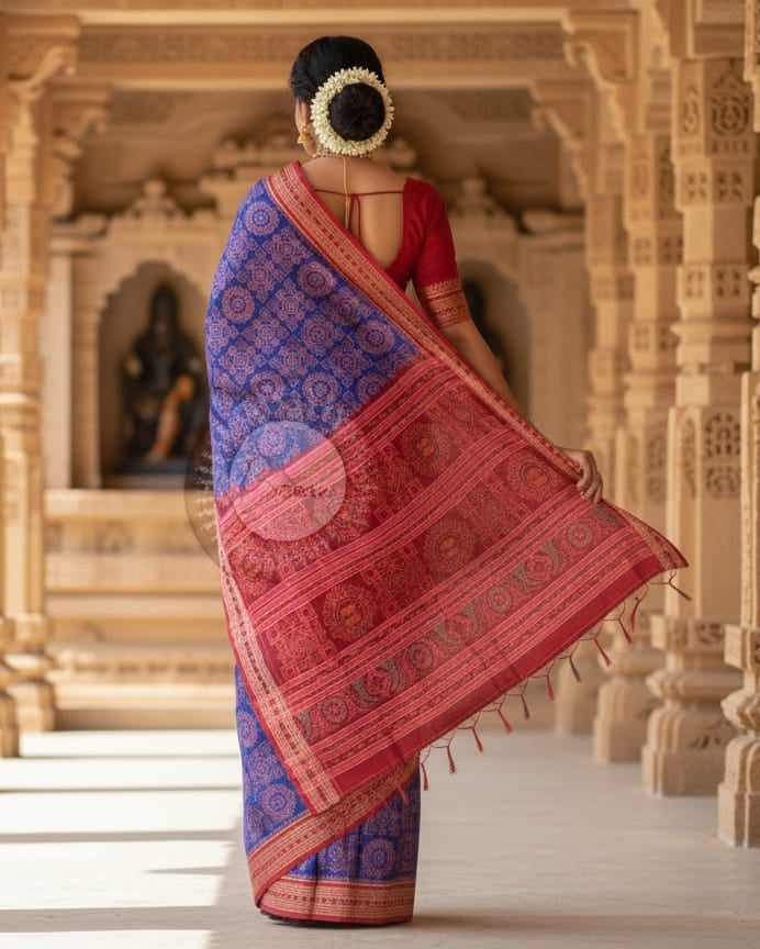 Blue Red Laxmi Pada And Yantra Sambalpuri Cotton