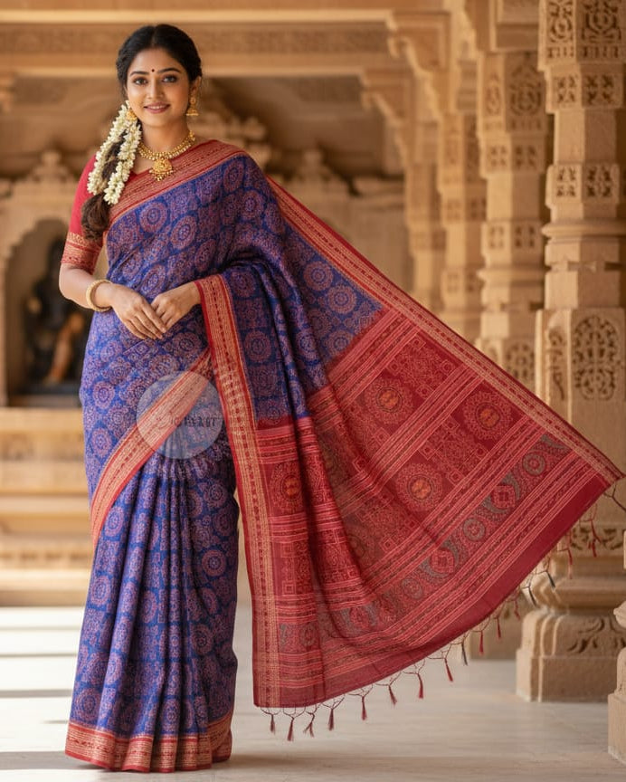 Blue Red Laxmi Pada And Yantra Sambalpuri Cotton