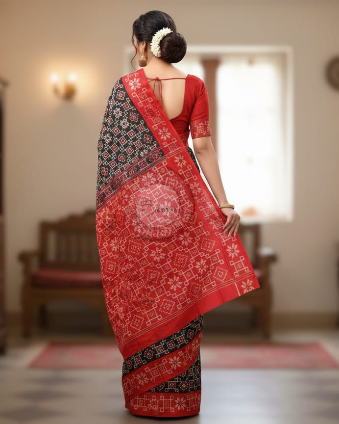 Black Red Telia Rumal Design Odisha Handloom Sambalpuri Cotton