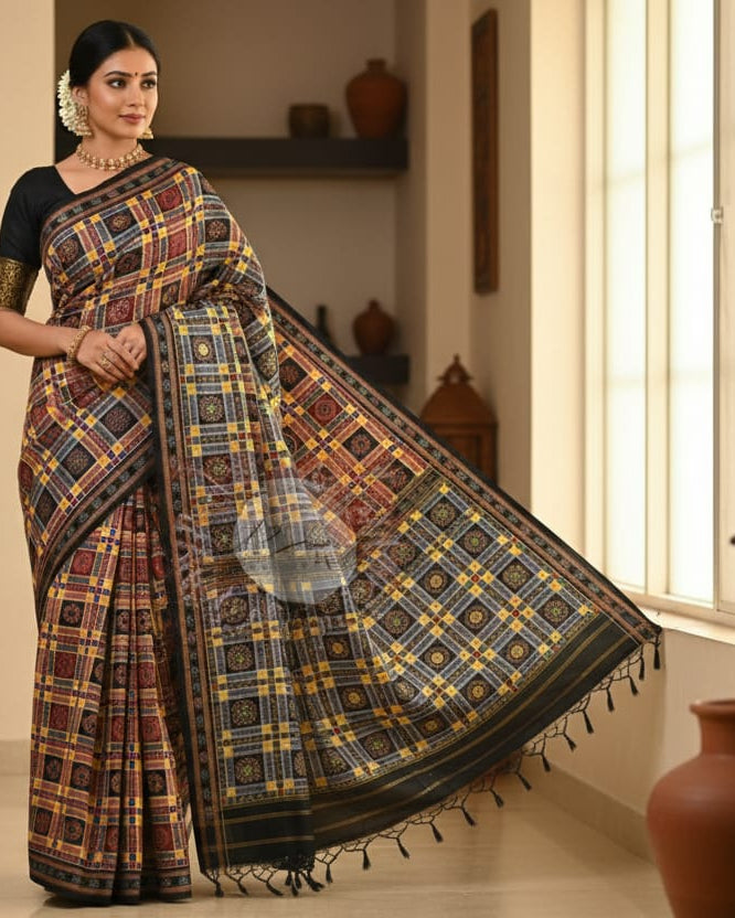 Yellow Blue Multi Colour Utkal Laxmi Odisha Handloom Sambalpuri Cotton Saree