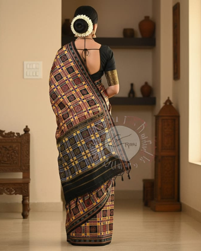 Yellow Blue Multi Colour Utkal Laxmi Odisha Handloom Sambalpuri Cotton Saree