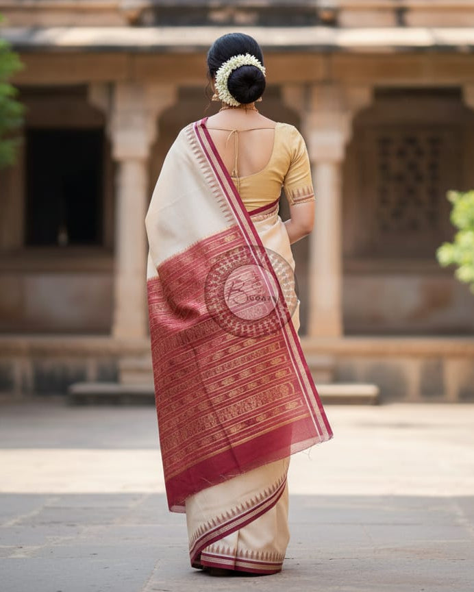 Cream Maroon Handloom Sambalpuri Cotton Saree