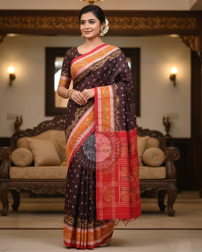 Maroon Red Scot Elephant Odisha Handloom Sambalpuri Cotton