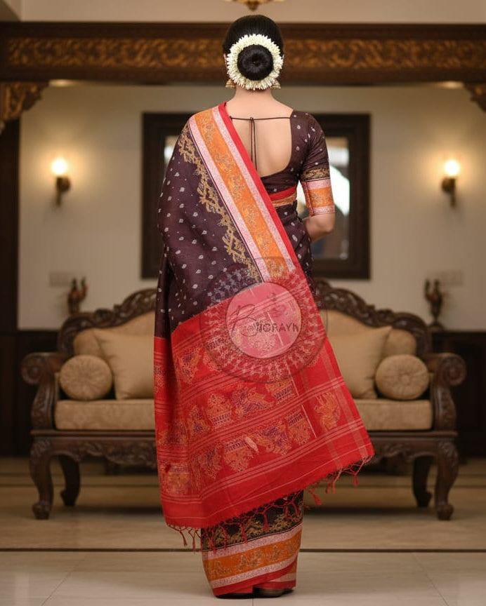 Maroon Red Scot Elephant Odisha Handloom Sambalpuri Cotton