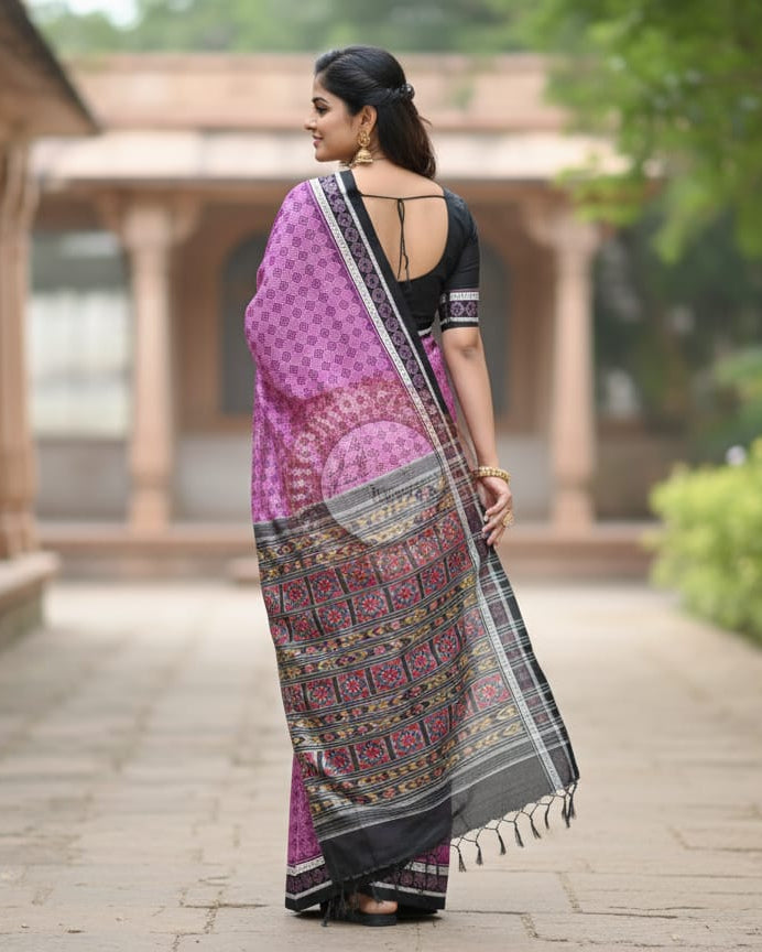 Purple Black Ikat Design Odisha Handloom Sambalpuri Cotton Saree