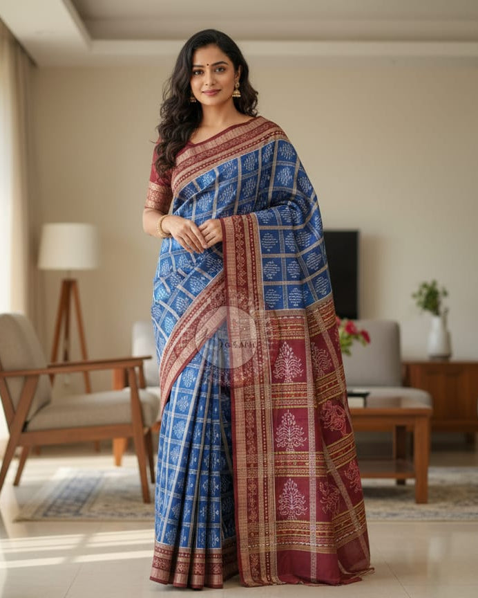 Blue Maroon Tree Dsign Odisha Handloom Sambalpuri Cotton Saree